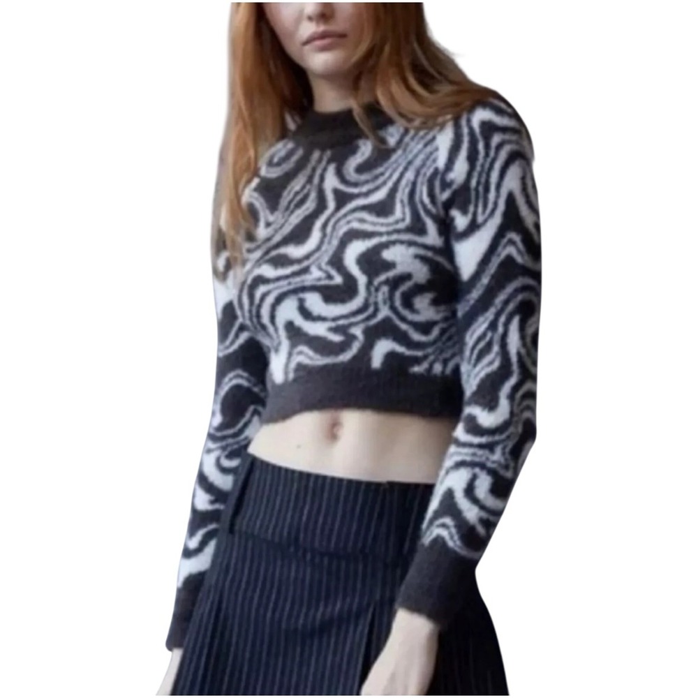 Urban Outfitters Zebra Swirl Fuzzy Mock‎ Neck Cropped Sweater Top XS